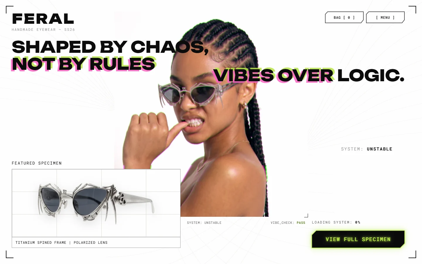 Feral home screen: lab grid, glitching headline and a featured specimen