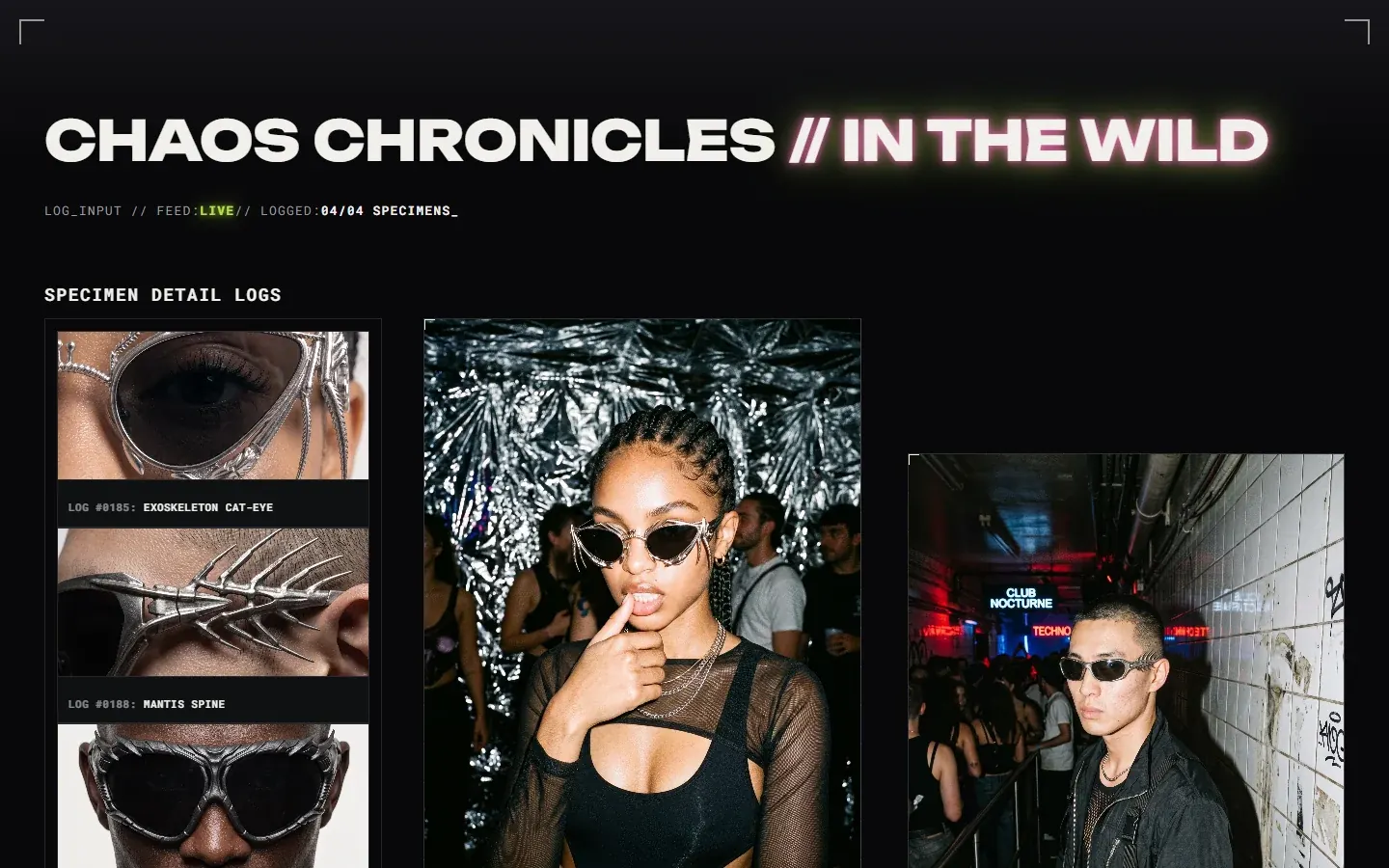 Field logs: people wearing Feral frames at a party and in a club, captioned like camera logs