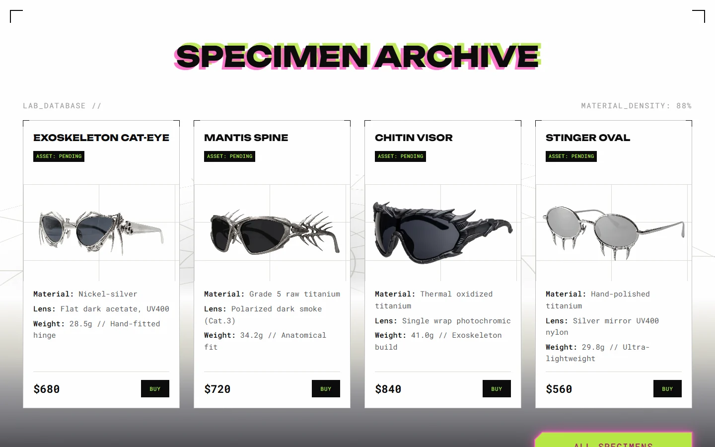 Specimen archive: four frames shown as lab samples with material, lens and weight