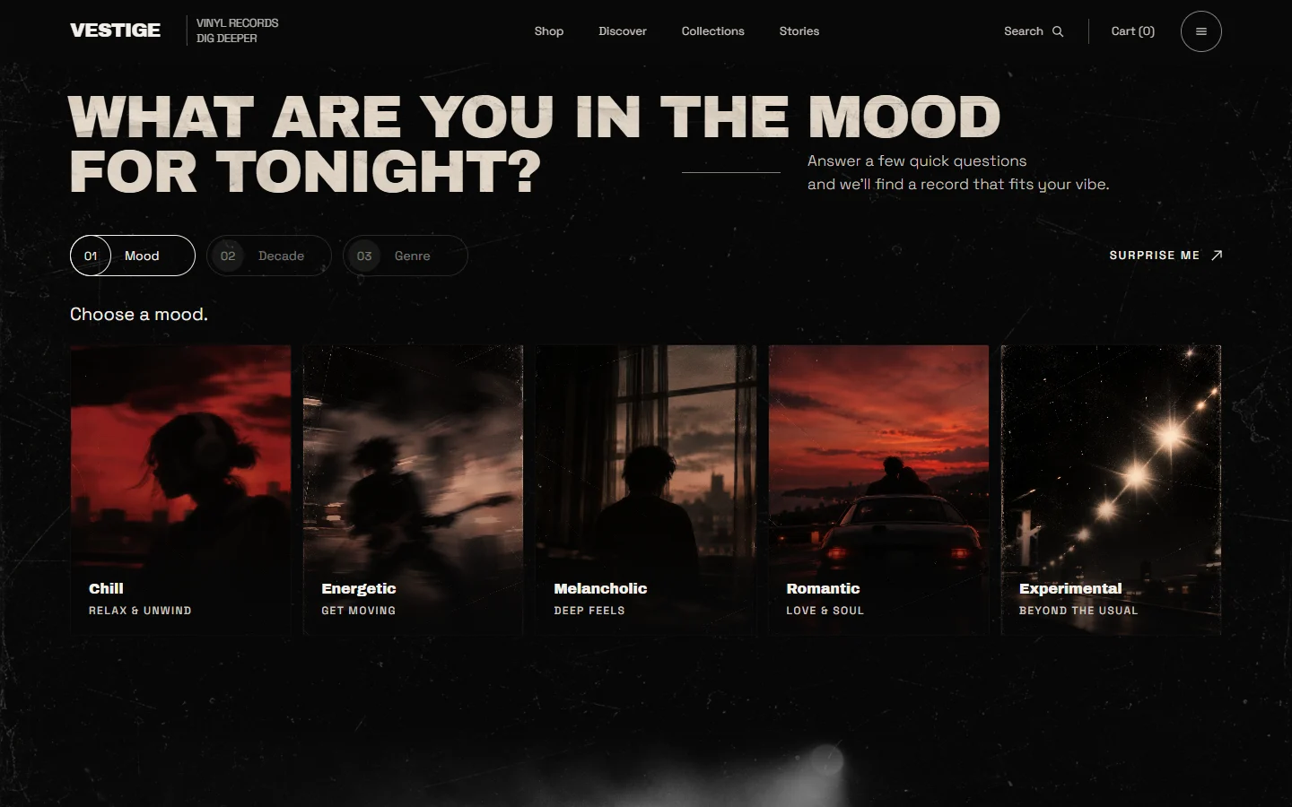 Mood picker: five mood cards — chill, energetic, melancholic, romantic, experimental