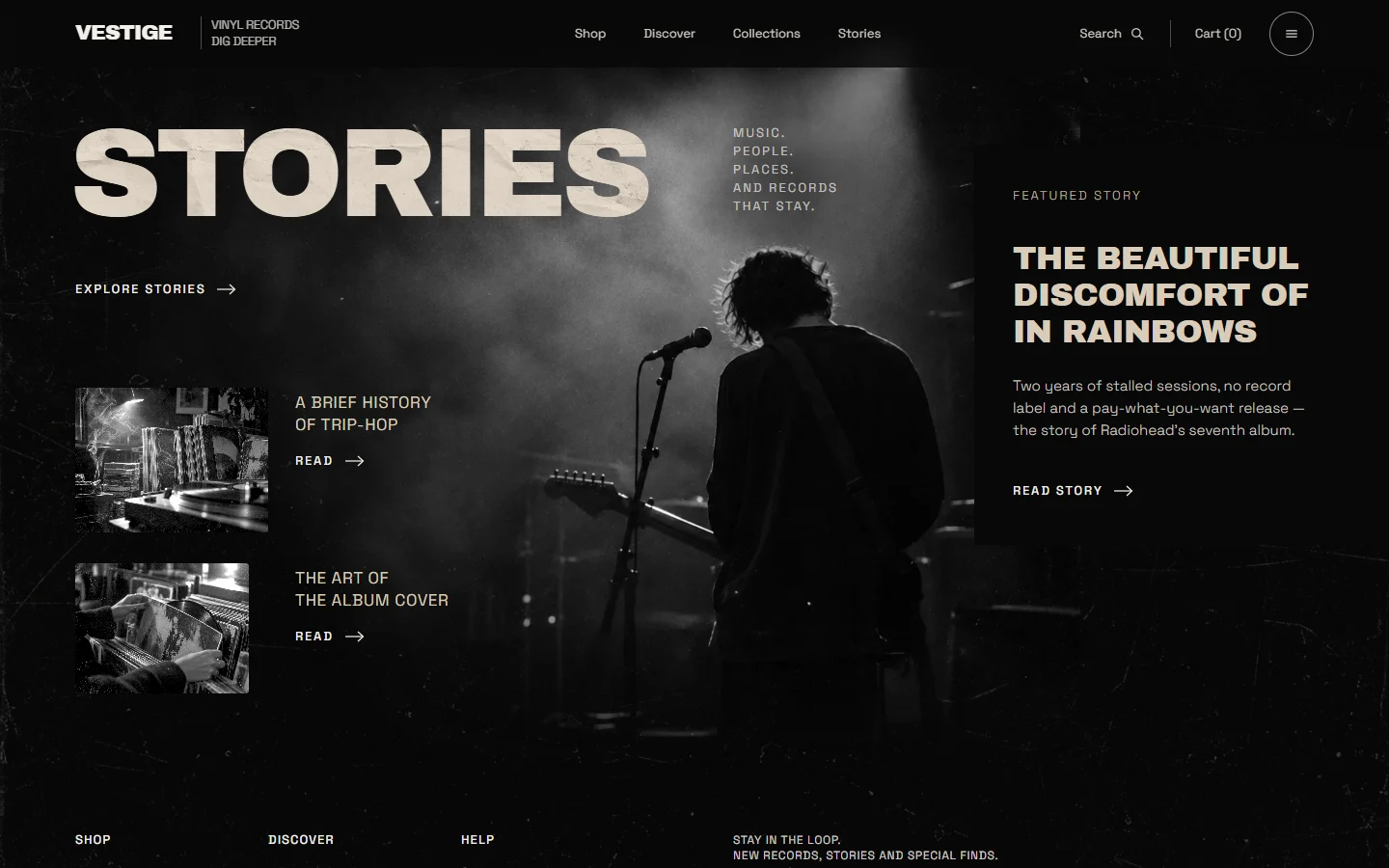 Stories page with a featured story about In Rainbows